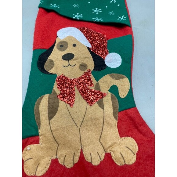 Christmas stocking brown dog sparkle Santa hat snowflakes bow embellished READ - Picture 2 of 4